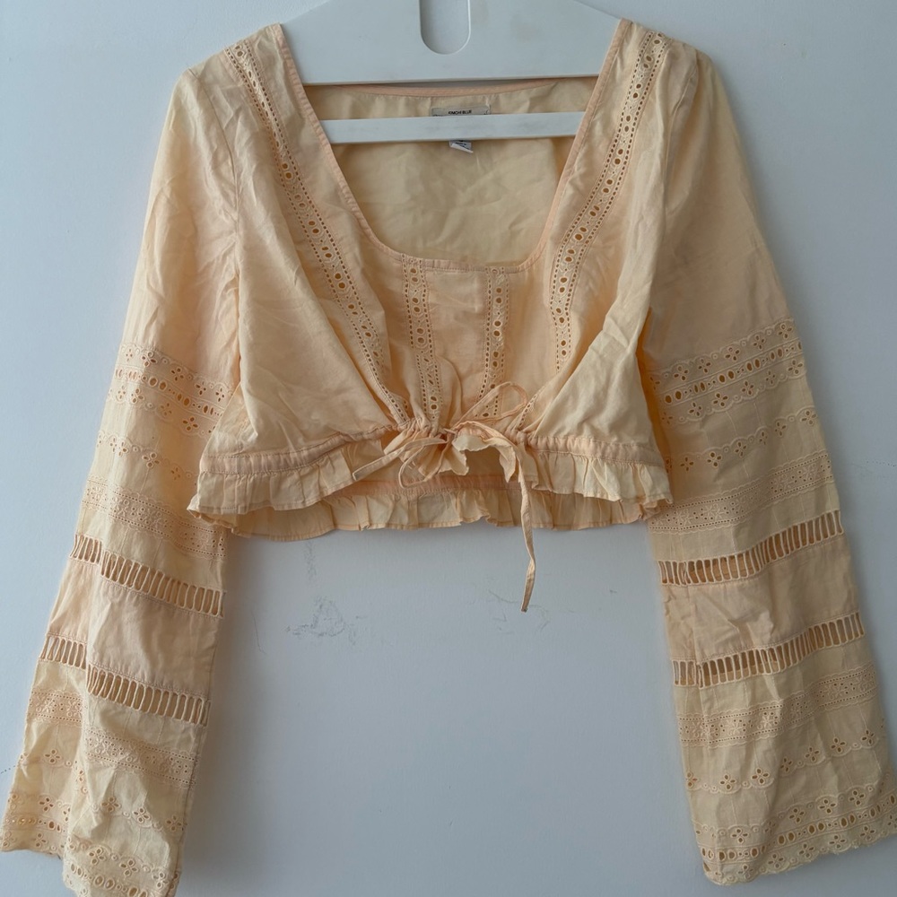 NWOT eyelet crop blouse ruffle trim drawstring crop cotton long sleeve boho top